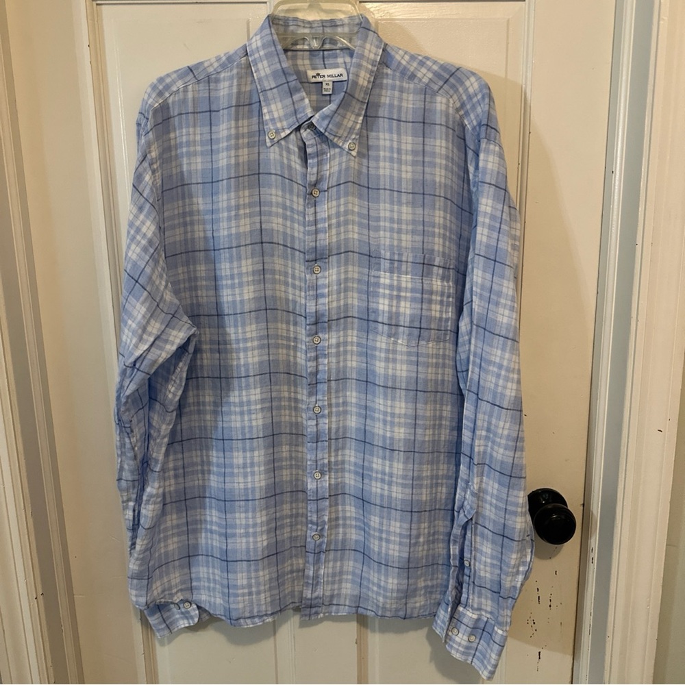 Peter Millar Men’s 100% Linen Shirt Size XL Blue Plaid Button Up Long Sleeve - Picture 1 of 10